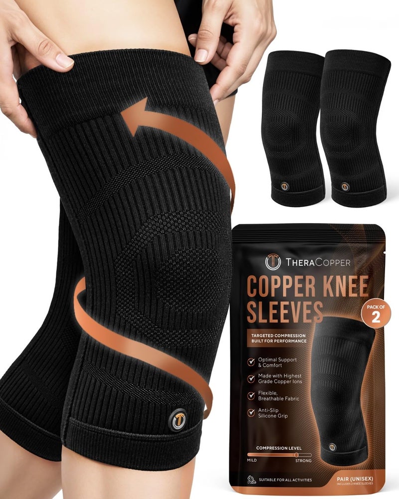 TheraCopper Copper Knee Brace for Men Women 2 Pack NonSlip Compression Copper Knee Sleeve for Arthritis Knees Pain Relief Swelling Anti inflammatory and Recovery Support Large